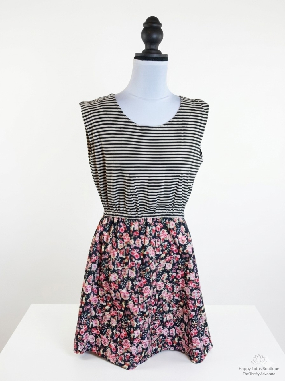 Floral Striped Mixed Media Fit and Flare Skater Dress Medium
